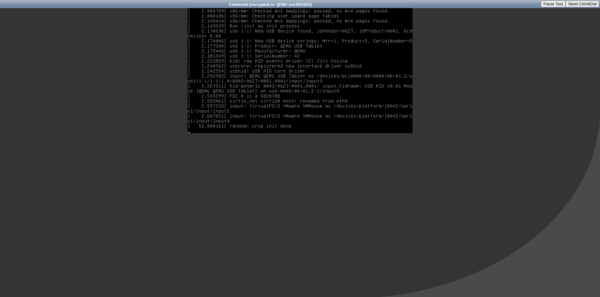 Screenshot from VNC, server could not start because of broken file system